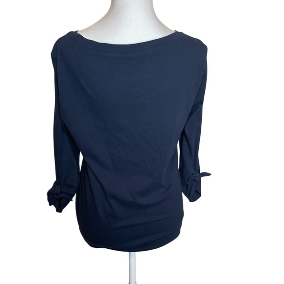 LOFT Outlet Navy Blue Garden Nature Graphic Top 3/4 Tie Sleeves Small Flower - Picture 4 of 9